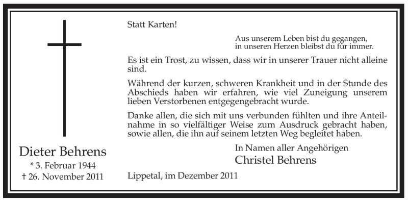  Traueranzeige für Dieter Behrens vom 31.12.2011 aus WESTFÄLISCHER ANZEIGER