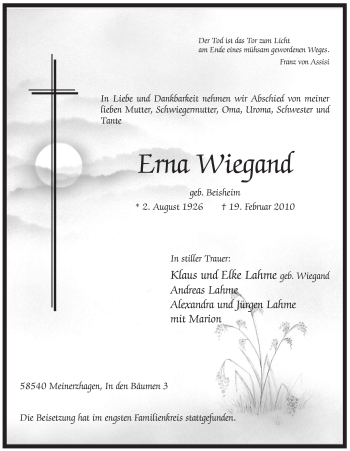 Traueranzeige von Erna Wiegand von WESTFÄLISCHER ANZEIGER