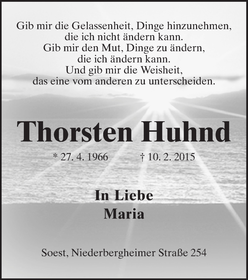  Traueranzeige für Thorsten Huhnd vom 13.02.2015 aus MZV