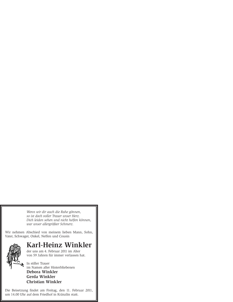  Traueranzeige für Karl-Heinz Winkler vom 09.02.2011 aus WESTFÄLISCHER ANZEIGER