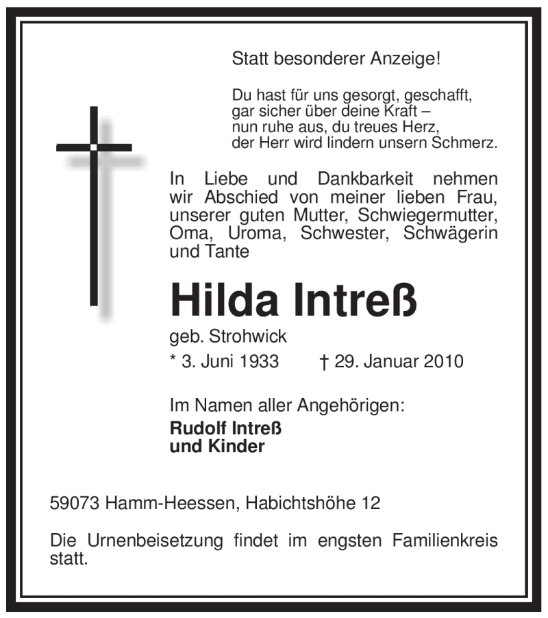  Traueranzeige für Hilda Intreß vom 02.02.2010 aus WESTFÄLISCHER ANZEIGER