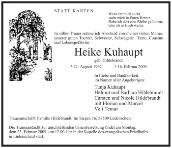 Traueranzeige von Heike Kuhaupt von WESTFÄLISCHER ANZEIGER