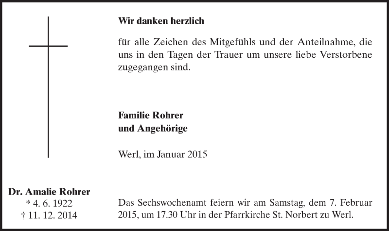  Traueranzeige für Amalie Rohrer vom 31.01.2015 aus MZV