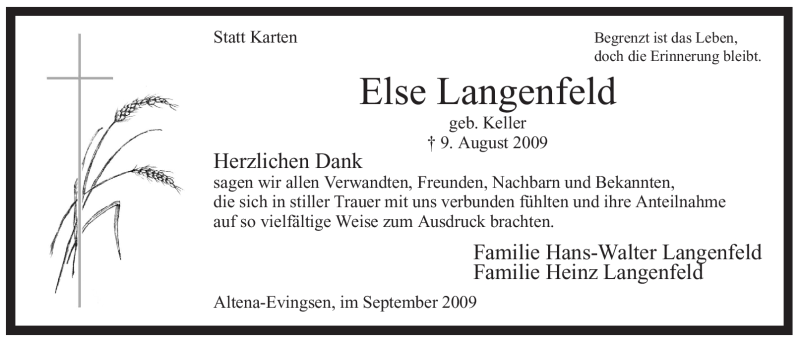  Traueranzeige für Else Langenfeld vom 12.09.2009 aus WESTFÄLISCHER ANZEIGER
