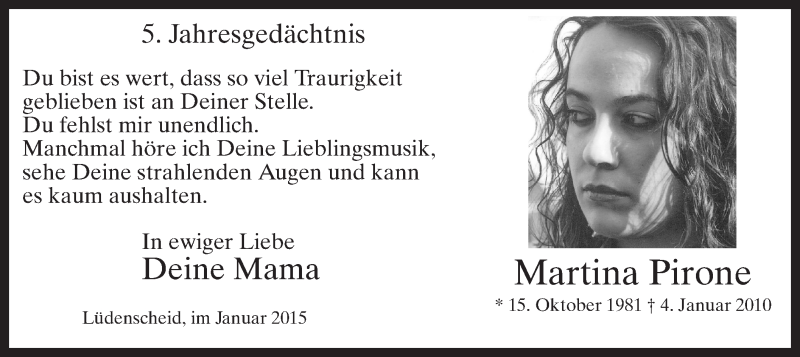  Traueranzeige für Martina Pirone vom 03.01.2015 aus MZV
