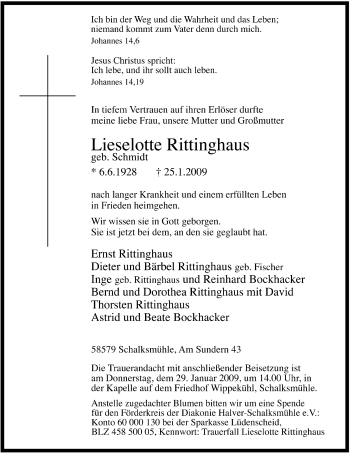 Traueranzeige von Lieselotte Rittinghaus von WESTFÄLISCHER ANZEIGER