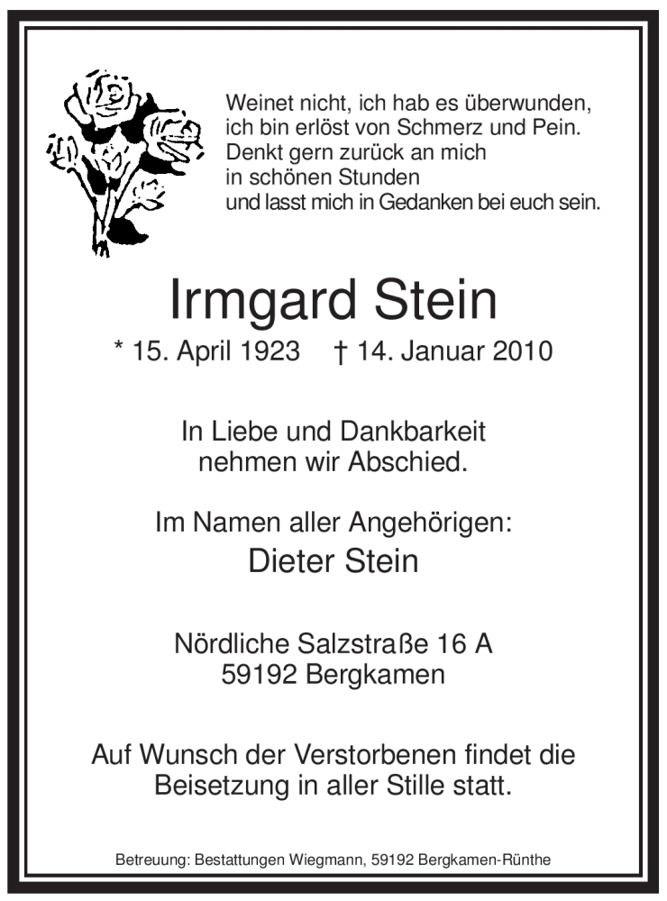  Traueranzeige für Irmgard Stein vom 16.01.2010 aus WESTFÄLISCHER ANZEIGER