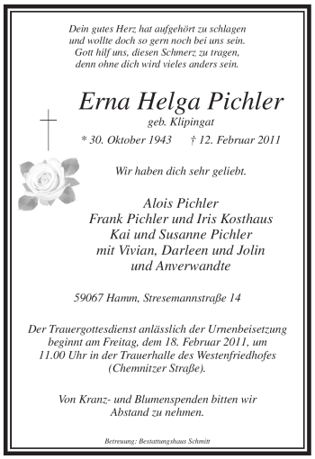 Traueranzeige von Erna Helga Pichler von WESTFÄLISCHER ANZEIGER