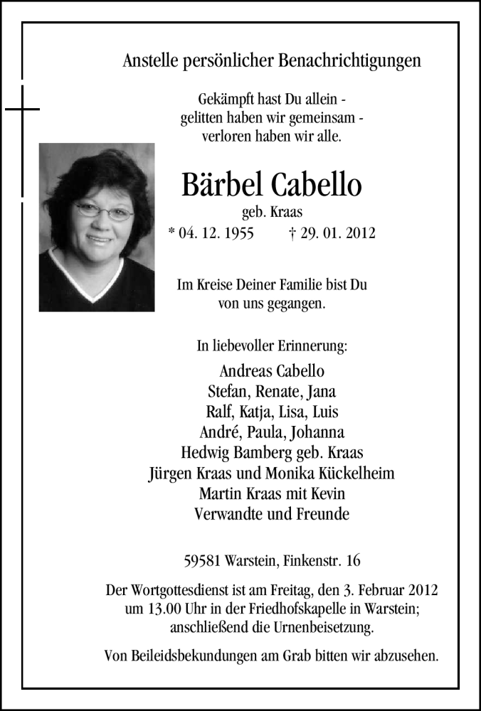  Traueranzeige für Bärbel Cabello vom 31.01.2012 aus WESTFÄLISCHER ANZEIGER