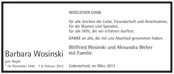 Traueranzeige von Barbara Wosinski von WESTFÄLISCHER ANZEIGER