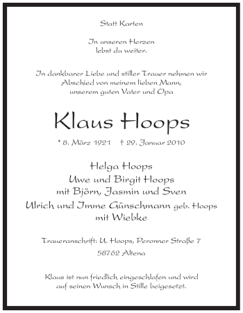 Traueranzeige von Klaus Hoops von WESTFÄLISCHER ANZEIGER