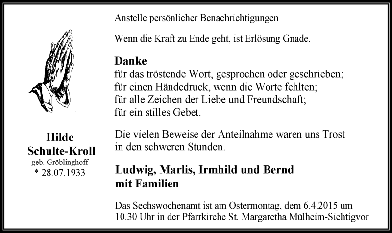  Traueranzeige für Hilde Schulte-Kroll vom 28.03.2015 aus MZV