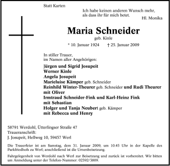 Traueranzeige von Maria Schneider von WESTFÄLISCHER ANZEIGER