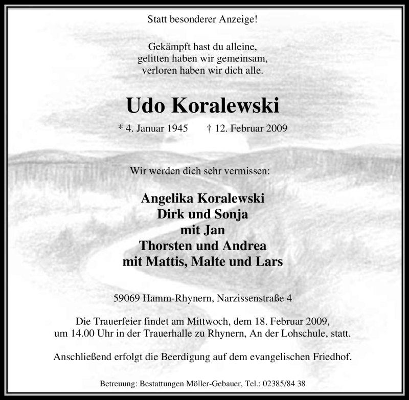  Traueranzeige für Udo Koralewski vom 16.02.2009 aus WESTFÄLISCHER ANZEIGER