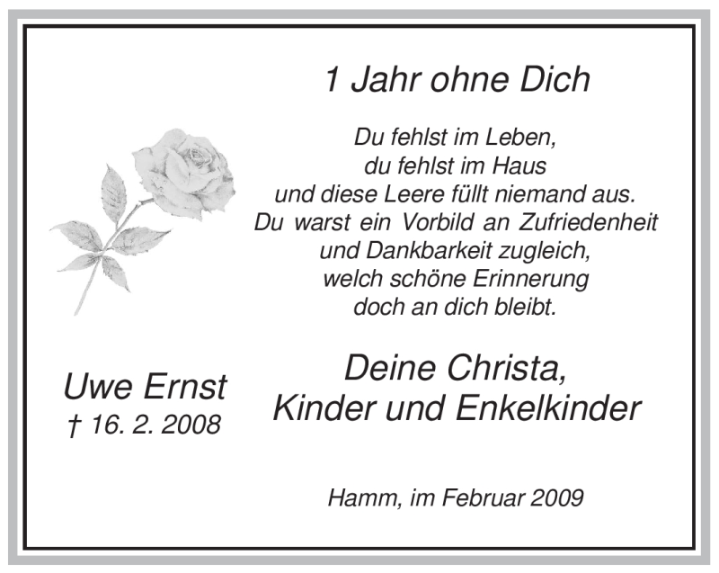  Traueranzeige für Uwe Ernst vom 16.02.2009 aus WESTFÄLISCHER ANZEIGER