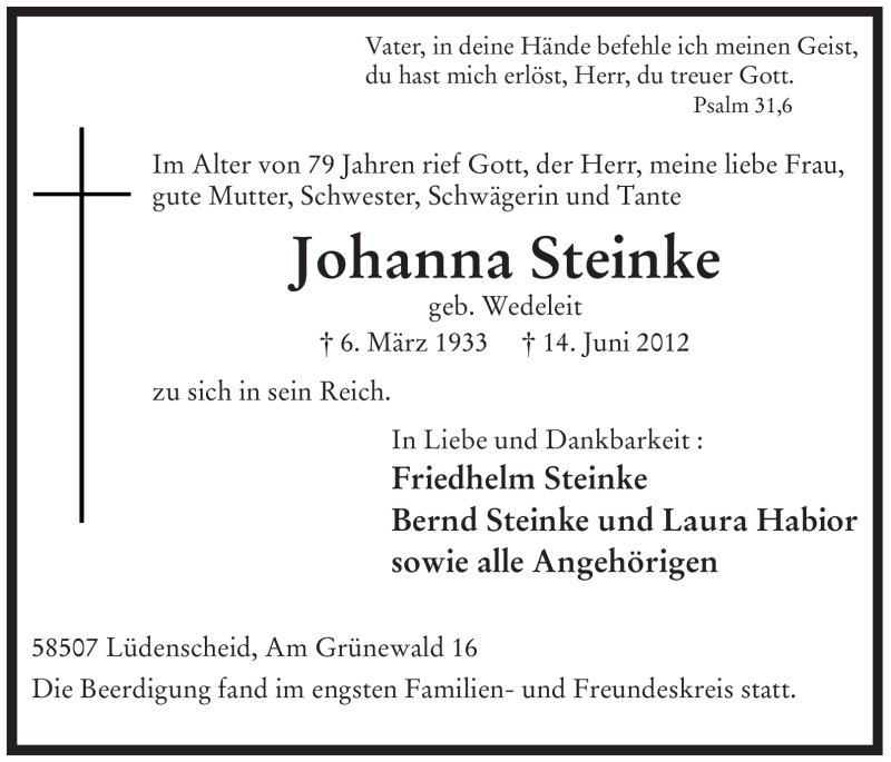  Traueranzeige für Johanna Steinke vom 20.06.2012 aus WESTFÄLISCHER ANZEIGER