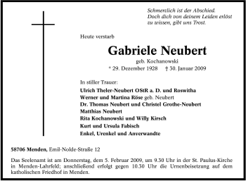 Traueranzeige von Gabriele Neubert von WESTFÄLISCHER ANZEIGER