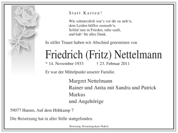 Traueranzeige von Friedrich Nettelmann von WESTFÄLISCHER ANZEIGER