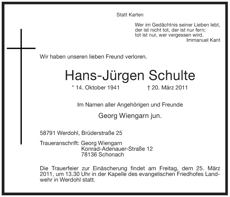  Traueranzeige für Hans-Jürgen Schulte vom 23.03.2011 aus WESTFÄLISCHER ANZEIGER
