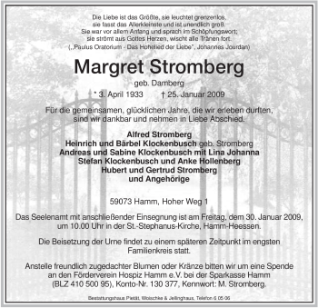 Traueranzeige von Margret Stromberg von WESTFÄLISCHER ANZEIGER