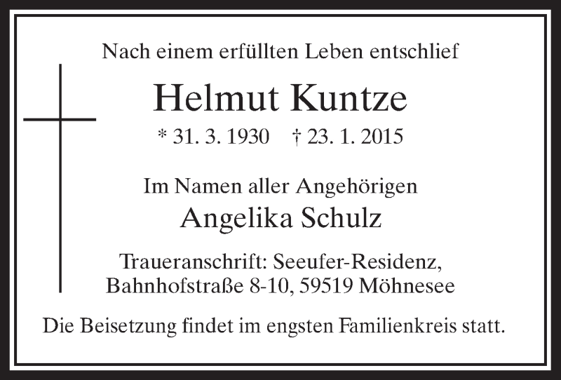  Traueranzeige für Helmut Kuntze vom 28.01.2015 aus MZV