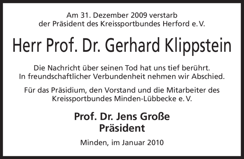  Traueranzeige für Gerhard Klippstein vom 07.01.2010 aus WESTFÄLISCHER ANZEIGER
