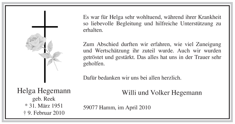  Traueranzeige für Helga Hegemann vom 03.04.2010 aus WESTFÄLISCHER ANZEIGER
