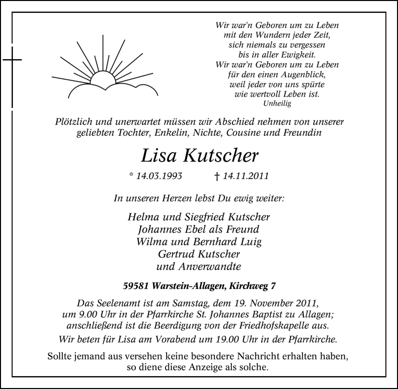  Traueranzeige für Lisa Kutscher vom 17.11.2011 aus WESTFÄLISCHER ANZEIGER