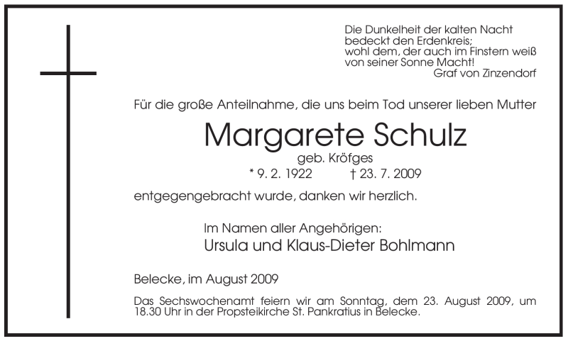  Traueranzeige für Margarete Schulz vom 19.08.2009 aus WESTFÄLISCHER ANZEIGER