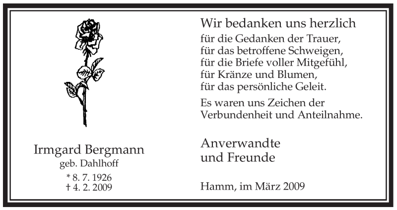  Traueranzeige für Irmgard Bergmann vom 14.03.2009 aus WESTFÄLISCHER ANZEIGER
