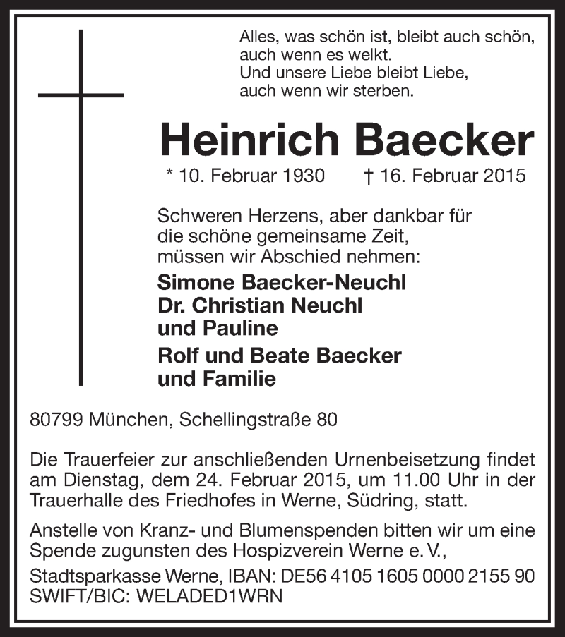  Traueranzeige für Heinrich Baecker vom 23.02.2015 aus MZV