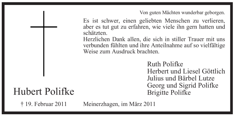  Traueranzeige für Hubert Polifke vom 31.03.2011 aus WESTFÄLISCHER ANZEIGER