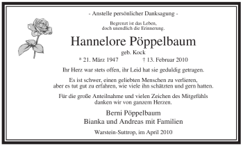 Traueranzeige von Hannelore Pöppelbaum von WESTFÄLISCHER ANZEIGER