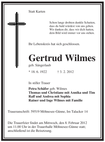 Traueranzeige von Gertrud Wilmes von WESTFÄLISCHER ANZEIGER