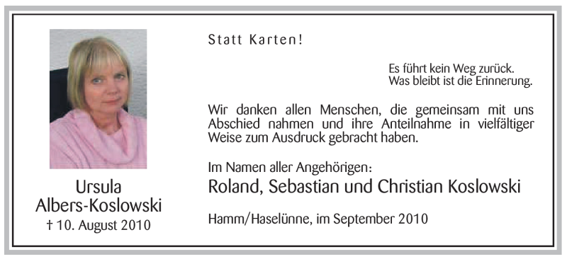  Traueranzeige für Ursula Albers-Koslowski vom 11.09.2010 aus WESTFÄLISCHER ANZEIGER