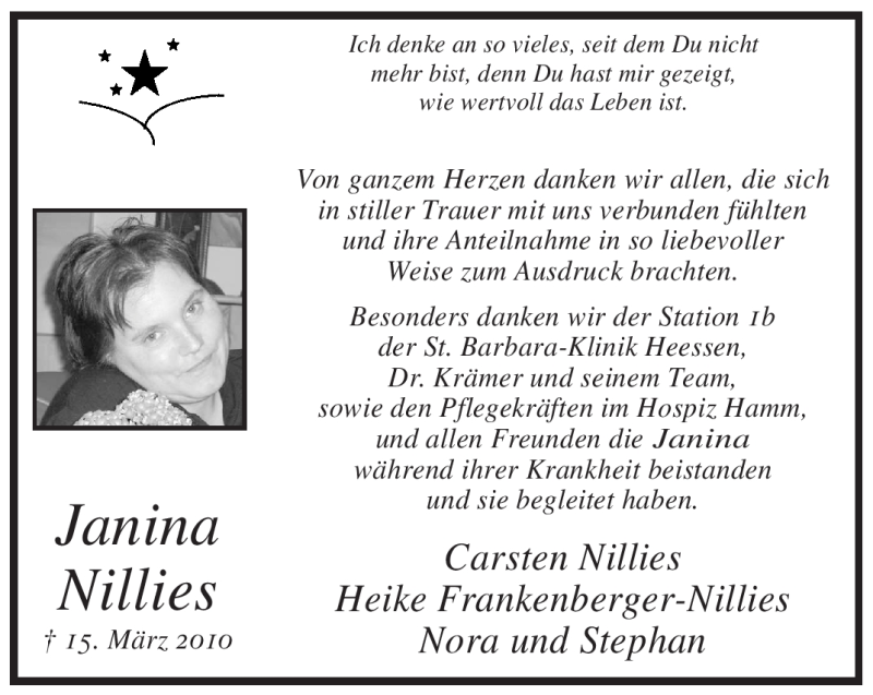  Traueranzeige für Janina Nillies vom 17.04.2010 aus WESTFÄLISCHER ANZEIGER