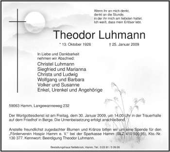 Traueranzeige von Theodor Luhmann von WESTFÄLISCHER ANZEIGER