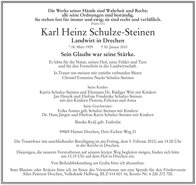  Traueranzeige für Karl Heinz Schulze-Steinen vom 02.02.2010 aus WESTFÄLISCHER ANZEIGER
