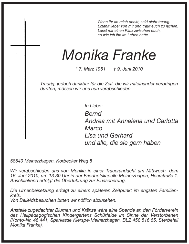  Traueranzeige für Monika Franke vom 12.06.2010 aus WESTFÄLISCHER ANZEIGER