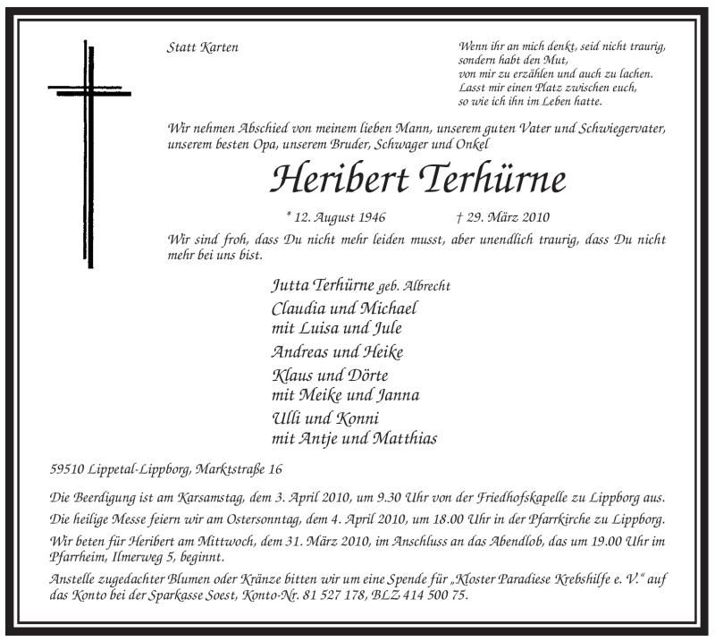  Traueranzeige für Heribert Terhürne vom 31.03.2010 aus WESTFÄLISCHER ANZEIGER