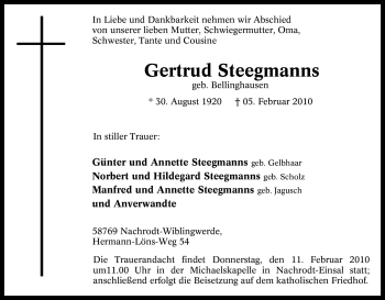 Traueranzeige von Gertrud Steegmanns von WESTFÄLISCHER ANZEIGER