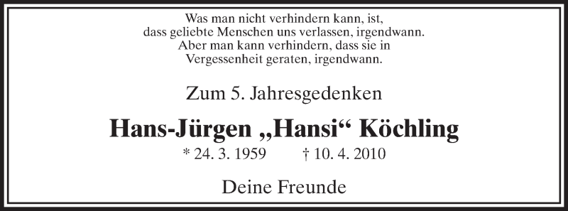  Traueranzeige für Hans-Jürgen Köchling vom 10.04.2015 aus MZV