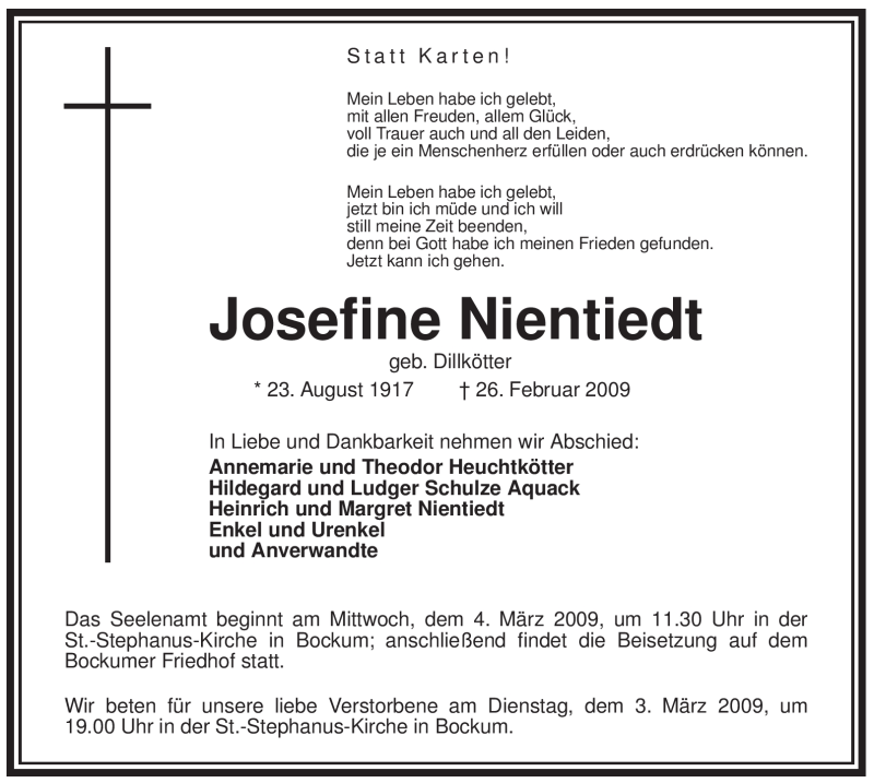  Traueranzeige für Josefine Nientiedt vom 02.03.2009 aus WESTFÄLISCHER ANZEIGER