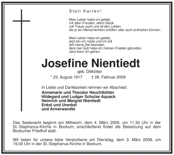 Traueranzeige von Josefine Nientiedt von WESTFÄLISCHER ANZEIGER