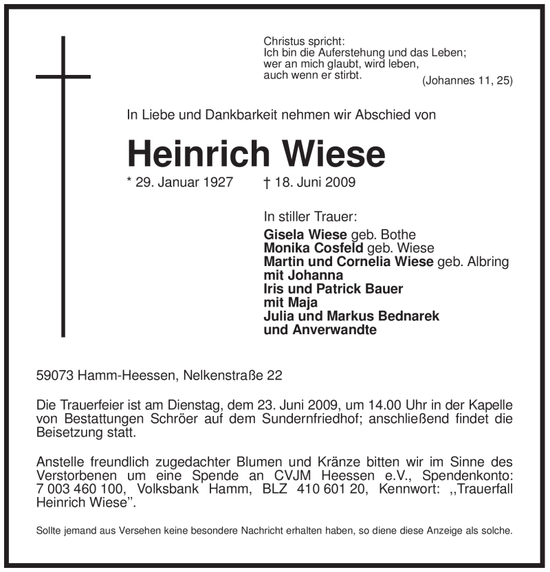  Traueranzeige für Heinrich Wiese vom 20.06.2009 aus WESTFÄLISCHER ANZEIGER