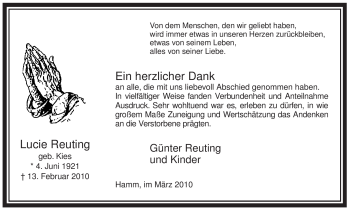 Traueranzeige von Lucie Reuting von WESTFÄLISCHER ANZEIGER