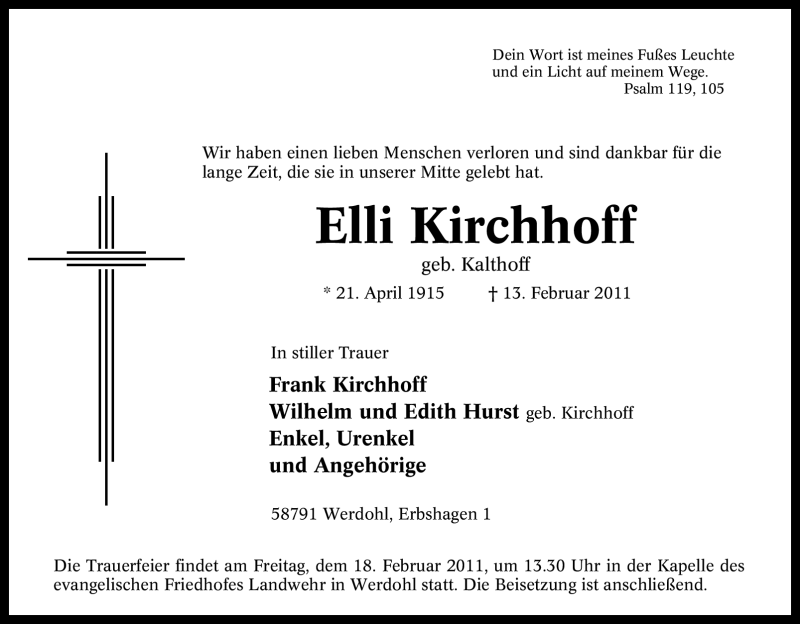  Traueranzeige für Elli Kirchhoff vom 16.02.2011 aus WESTFÄLISCHER ANZEIGER