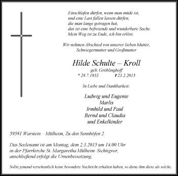 Traueranzeige von Hilde Schulte-Kroll von MZV