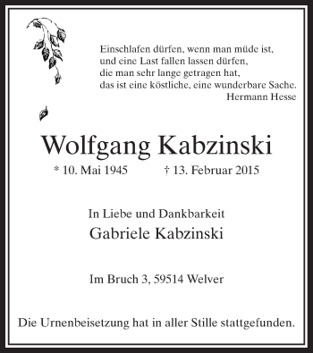 Traueranzeige von Wolfgang Kabzinski von MZV