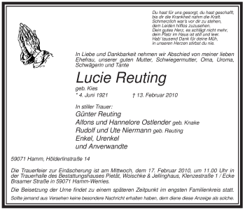 Traueranzeige von Lucie Reuting von WESTFÄLISCHER ANZEIGER